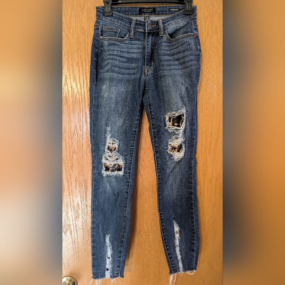 Distressed Blue Jeans with Leopard Print Accents